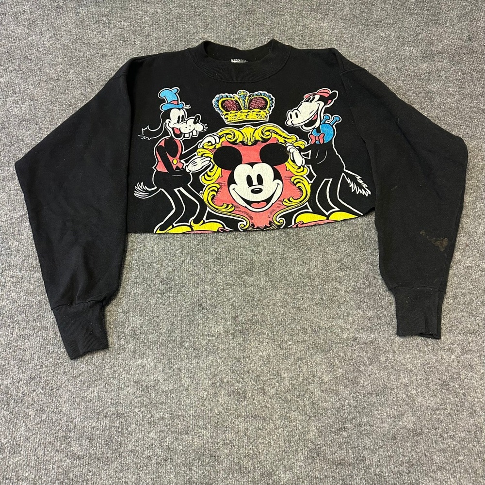 Disney Sweatshirt Womens Size L Black Cropped Mickey Mouse Goofy Graphic Vintage